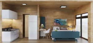 Vue intérieure maison kit en bois