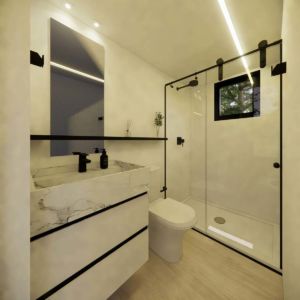 Salle de bain dans maison kit en bois
