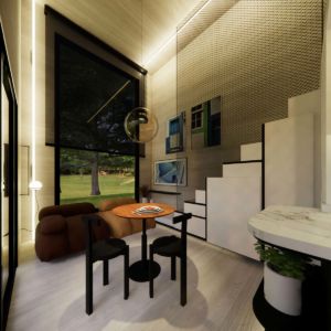 Salon dans maison kit en bois