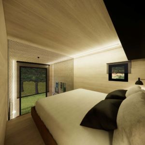 Chambre mezzanine dans maison kit en bois