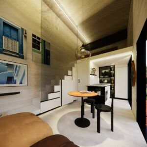 Maison bois exotique en kit - Vue salon, cuisine et mezzanine