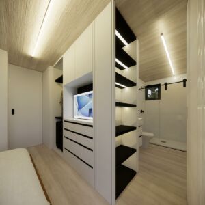 Maison kit bois exotique - Vue salle de bain + chambre